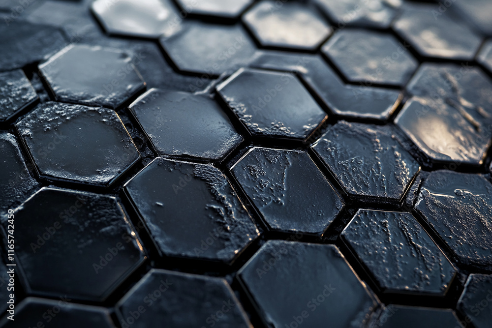 Poster close-up of glossy black hexagonal tiles with textured details