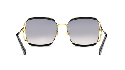 Sunglasses back view isolated on white background. Black eye glasses plastic square frame with uv lens against sunlight on vacation. Glasses square shape rear view vintage and retro style for design