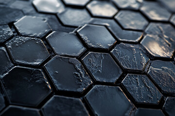 Close-Up of Glossy Black Hexagonal Tiles with Textured Details