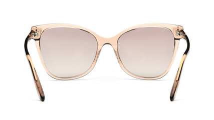 Sunglasses back view isolated on white background. Eye glasses made of transparent plastic yellow cat eye frame with uv lens against sunlight on vacation. Glasses vintage shape rear view retro style