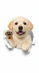 Playful Labrador Retriever Puppy Tearing Through Paper - Studio Isolated Image