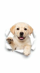 Playful Labrador Retriever Puppy Tearing Through Paper - Studio Isolated Image