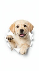 Playful Labrador Retriever Puppy Tearing Through Paper - Studio Isolated Image