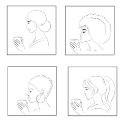 Set of Four Portraits: Indian, African American, African, and Asian Women Drinking Tea in Black Frame on White Background