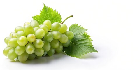 Obraz premium A cluster of fresh, green grapes with vibrant leaves, isolated on a bright white background, perfect for healthy eating or beverage concepts