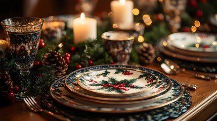 A table with a Christmas dinner set up with plates, silverware, and candles
