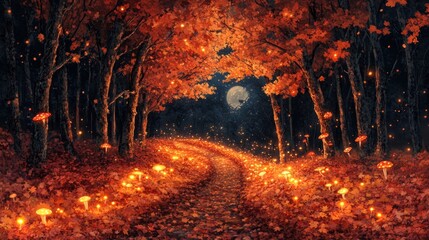 Fototapeta premium Enchanted autumn path, glowing mushrooms, moonlit forest.