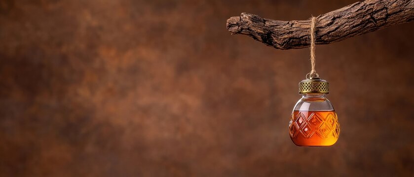 [Vintage glass bottle with cork stopper suspended from string] Mysterious Glass Bottle with Hanging Object, Still Life Photography