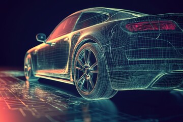 Modern car design with wireframe visualization showcasing engineering details and technology