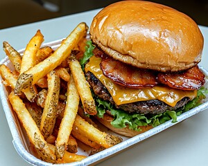 Trend of online food purchase, Freshly Delivered Burger with Bacon and Fries
