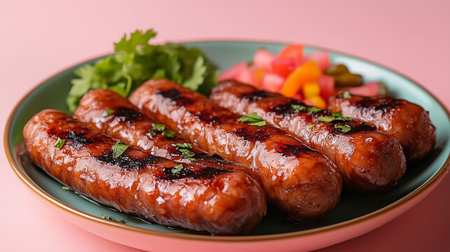 Grilled longganisa sausages with pickled vegetables and cilantro on pink background