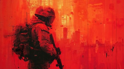 Naklejka premium Silhouette of soldier in helmet and tactical gear in red urban background for war themes, military concepts, modern conflict, defense, and security topic