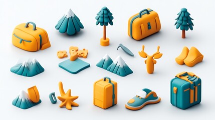 Travel gear accessories outdoor setting 3d render vibrant colors