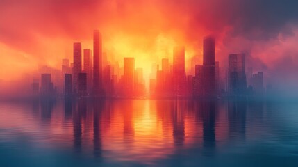 Fototapeta premium Cityscape at sunset reflected in calm water, vibrant colors and hazy atmosphere.