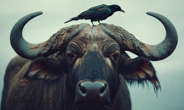 African buffalo with bird on the head in Ngorongoro crater
