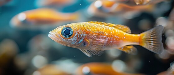 Obraz premium [Closeup view of orange small schooling fish near the bottom of a tank] School of Small Orange Fish Swimming Together Near Bottom Aquarium Glass Background