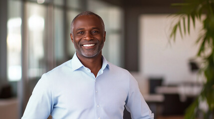 Fototapeta premium A smiling man in a light blue shirt standing confidently in a contemporary office setting, embodying leadership and positivity.
