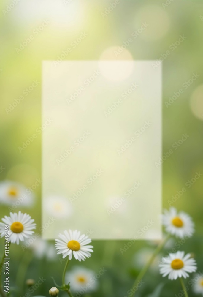 Poster daisy flowers bloom softly in natural setting, enhanced by rectangular translucent space for text. s