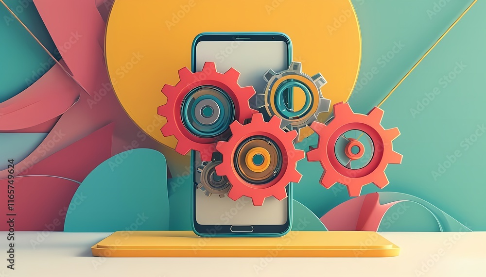 Aufkleber colorful laptop with abstract design and various icons surrounded by gears and tech elements