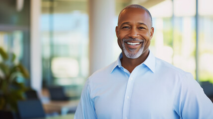 Obraz premium A smiling man in a light blue shirt standing confidently in a contemporary office setting, embodying leadership and positivity.