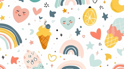 Colorful Baby and Children Seamless Patterns with Rainbow Lemons