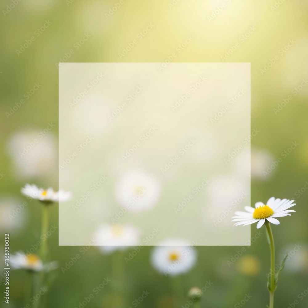 Poster daisy flowers bloom softly in natural setting, enhanced by rectangular translucent space for text. s