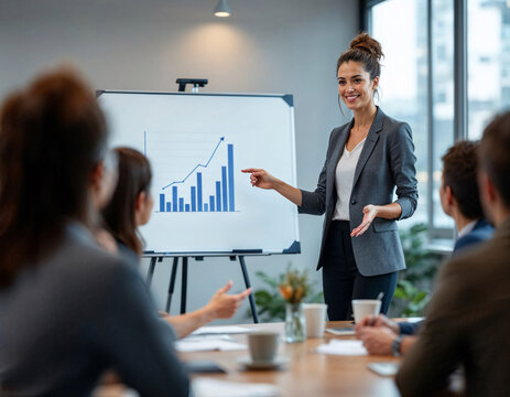 Business professional presents growth and performance metrics during a corporate meeting in a bright office environment with engaged colleagues in discussion
