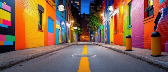 Fototapeta premium [vibrant colorful street scene at night] Vibrant Street Scene at Night with Colorful Buildings Reflecting Off Wet Pavement