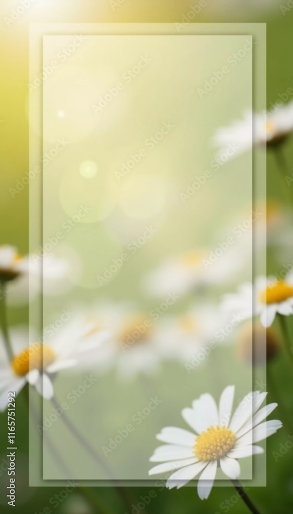 Poster daisy flowers bloom softly in natural setting, enhanced by rectangular translucent space for text. s
