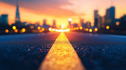 A straight asphalt road leading to the edge of a bustling cityscape, illuminated by the warm hues of a morning sunrise, evoking a sense of adventure and hope.