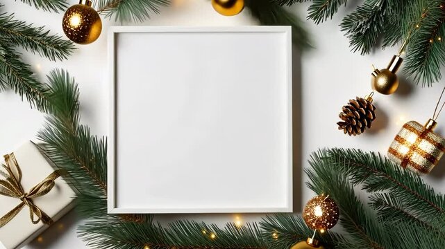 Christmas Frame surrounded a decoration. Composition on white background. Flat lay. Mock up next to gold decorated branches. Festive holiday artwork. Blank mockup. Poster product design template.