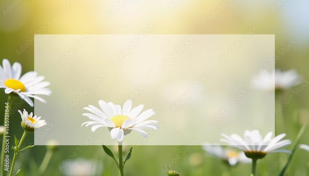 Poster daisy flowers bloom softly in natural setting, enhanced by rectangular translucent space for text. s