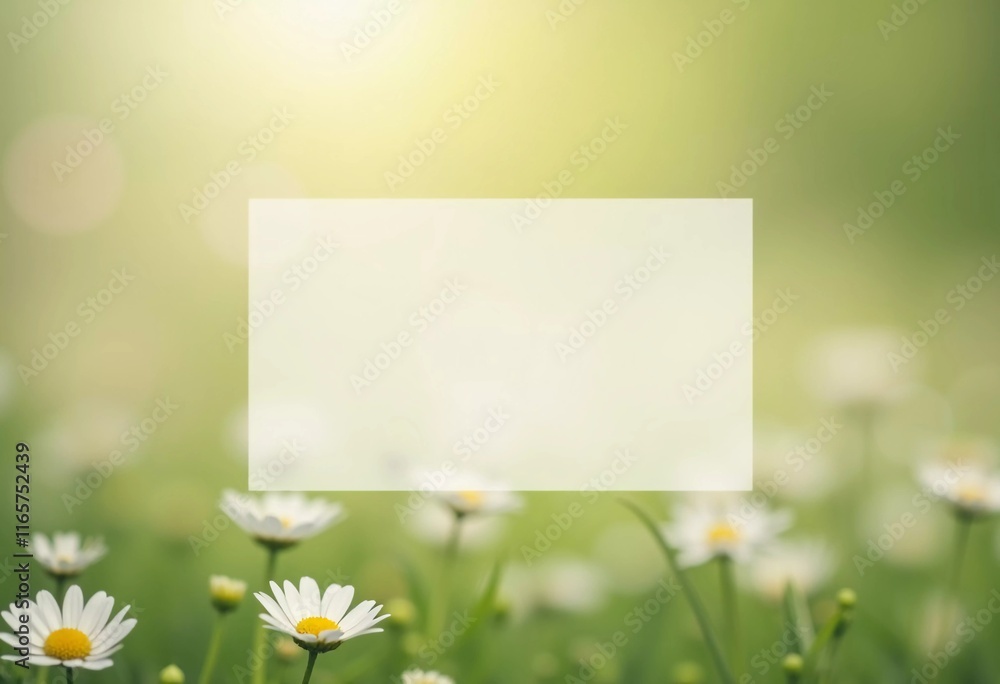 Poster daisy flowers bloom softly in natural setting, enhanced by rectangular translucent space for text. s