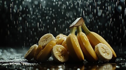 A close-up image of ripe bananas with vibrant yellow peels,