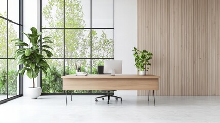 Fototapeta premium Tranquil Japanese-Inspired Workspace with Wooden Desk and Natural Light