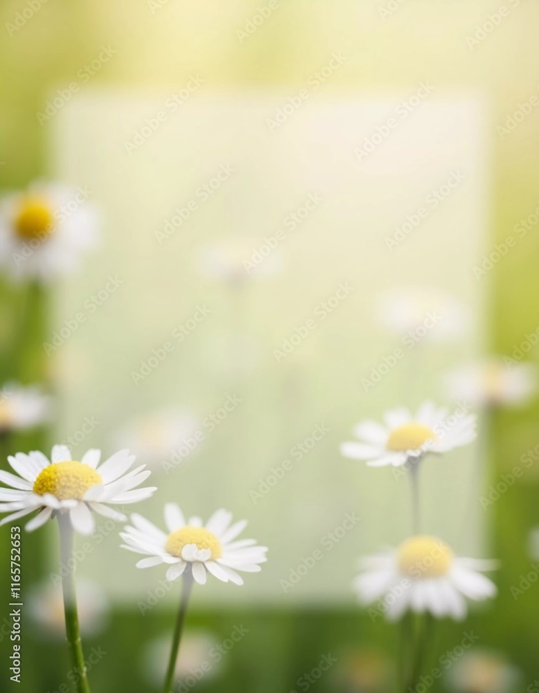 Poster daisy flowers bloom softly in natural setting, enhanced by rectangular translucent space for text. s