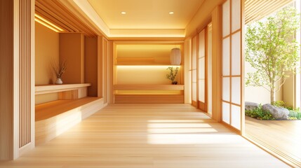 Obraz premium Tranquil Minimalist Japanese Entryway with Wooden Storage Solutions and Soft Lighting Creating a Serene Atmosphere