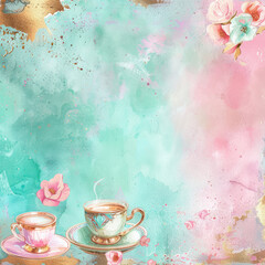 watercolor tea party theme background, in pink, turquoise and gold colors,.    