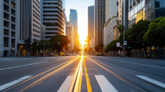 city street California USA empty city street, sunrise downtown, urban perspective, leading lines, symmetrical composition, golden hour, skyscrapers, modern architecture, business district