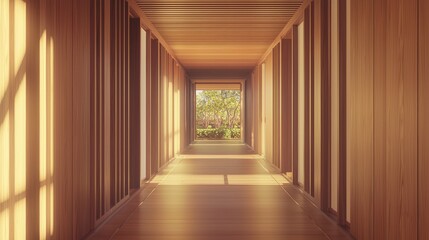 Tranquil Japanese Hallway with Zen Garden View in Minimalist Interior Design