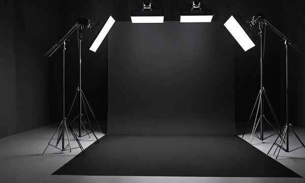 black studio background illuminated by white lighting sets stage for professional stock photography