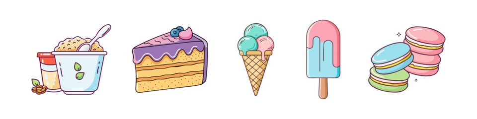 Cartoon Illustration of Desserts and Sweet Treats - Hand-drawn illustrations of yogurt, cake, ice cream cone, popsicle, and macarons in a colorful and playful arrangement.