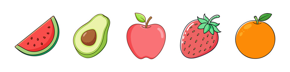 Cartoon Illustration of Assorted Fruits - Hand-drawn illustrations of watermelon, avocado, apple, strawberry, and orange arranged in a colorful and playful design.