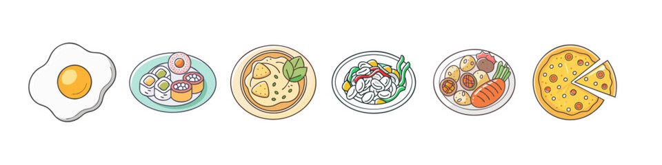 Cartoon Illustration of Varied Food Dishes - Hand-drawn illustrations of a fried egg, pancakes, pasta, salad, kebabs, and pizza arranged in a playful and colorful style.