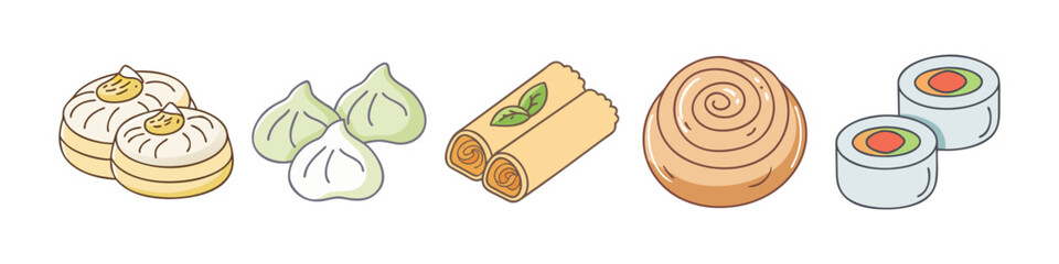 Cartoon Illustration of Global Appetizers and Snacks - Hand-drawn illustrations of dumplings, spring rolls, cinnamon rolls, and sushi arranged in a colorful and playful style.