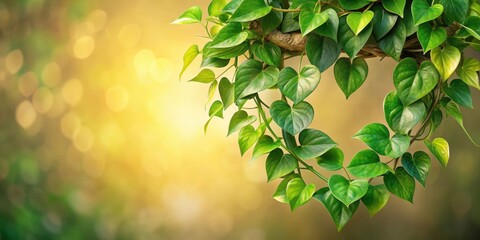 Obraz premium Lush green heart-shaped leaves of a vibrant vine illuminated by warm sunlight against a blurred, golden background.