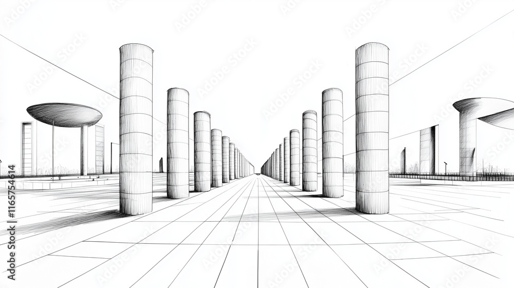 Poster a technical blueprint-style illustration of a planned metropolitan area, featuring linear geometric 