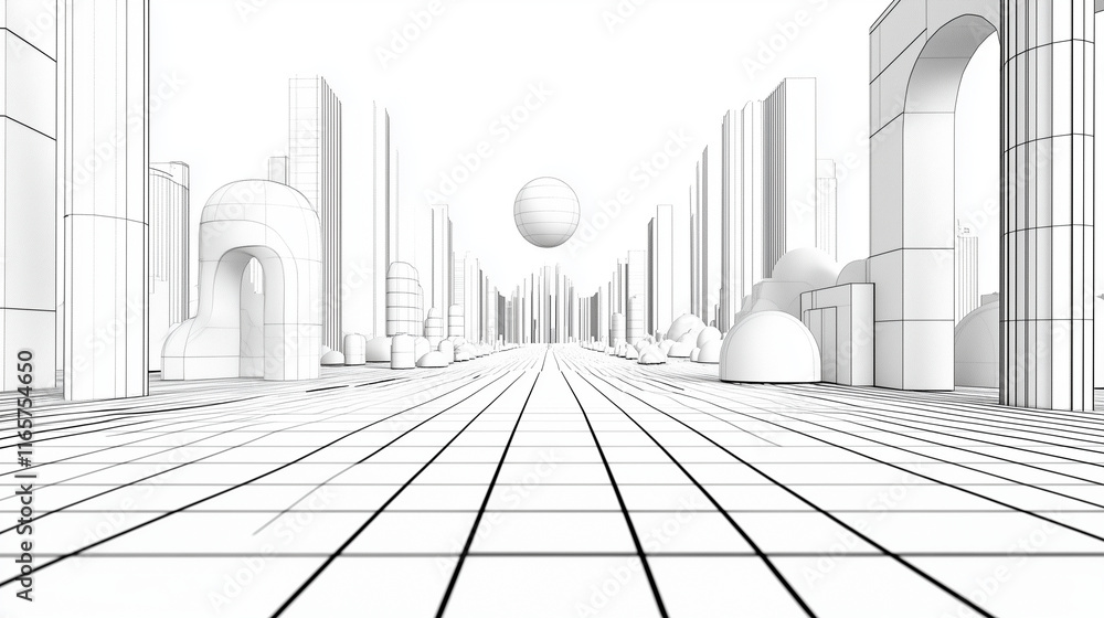Poster a technical blueprint-style illustration of a planned metropolitan area, featuring linear geometric 