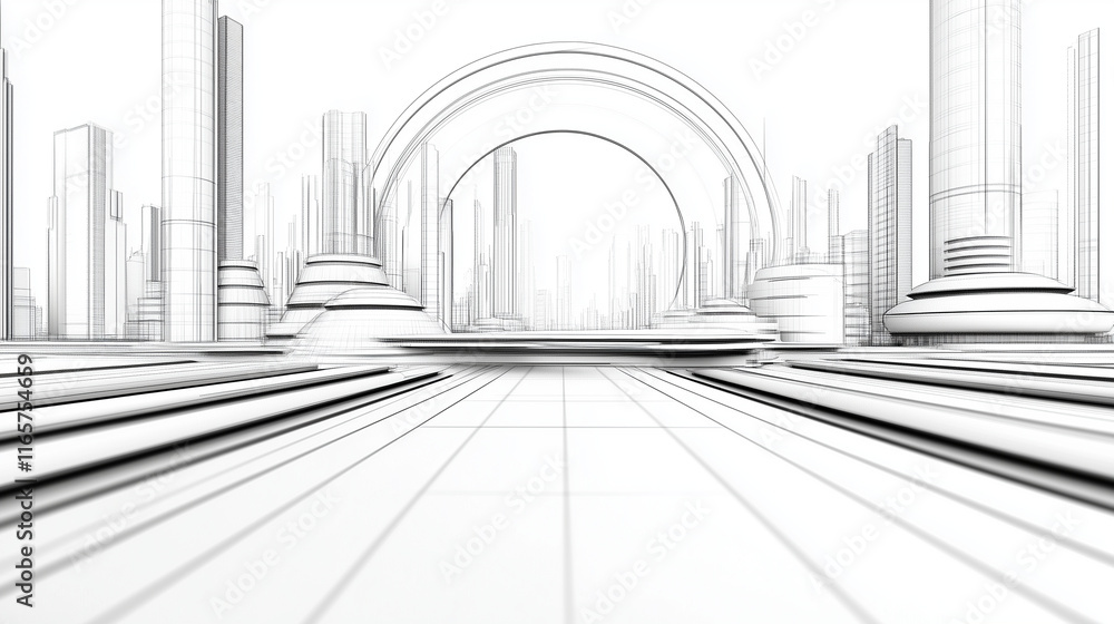 Poster a technical blueprint-style illustration of a planned metropolitan area, featuring linear geometric 