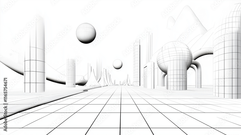Poster a technical blueprint-style illustration of a planned metropolitan area, featuring linear geometric 